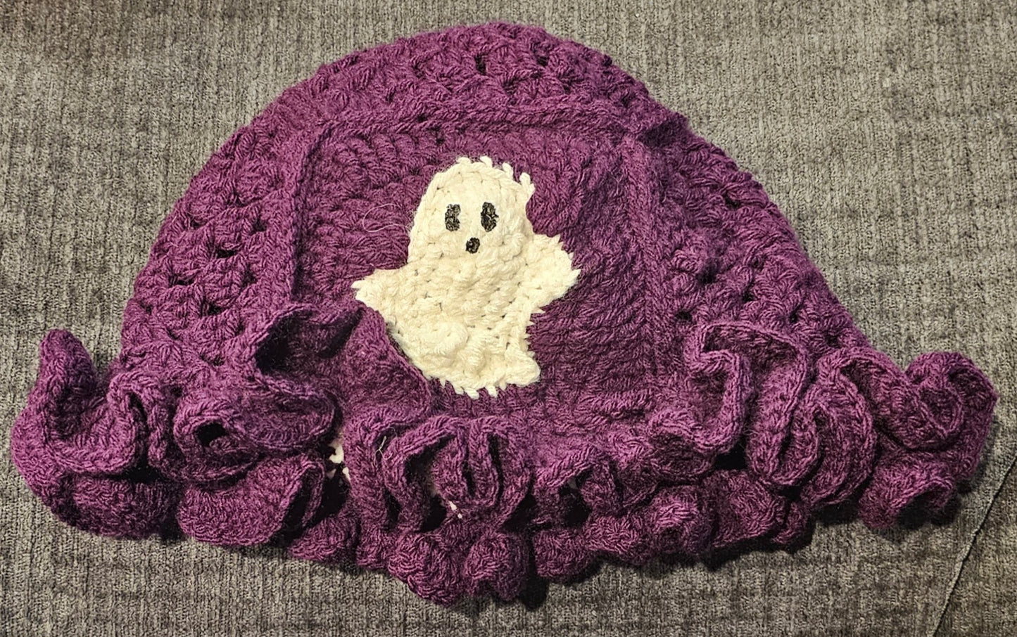 purple Halloween granny square ruffle hat