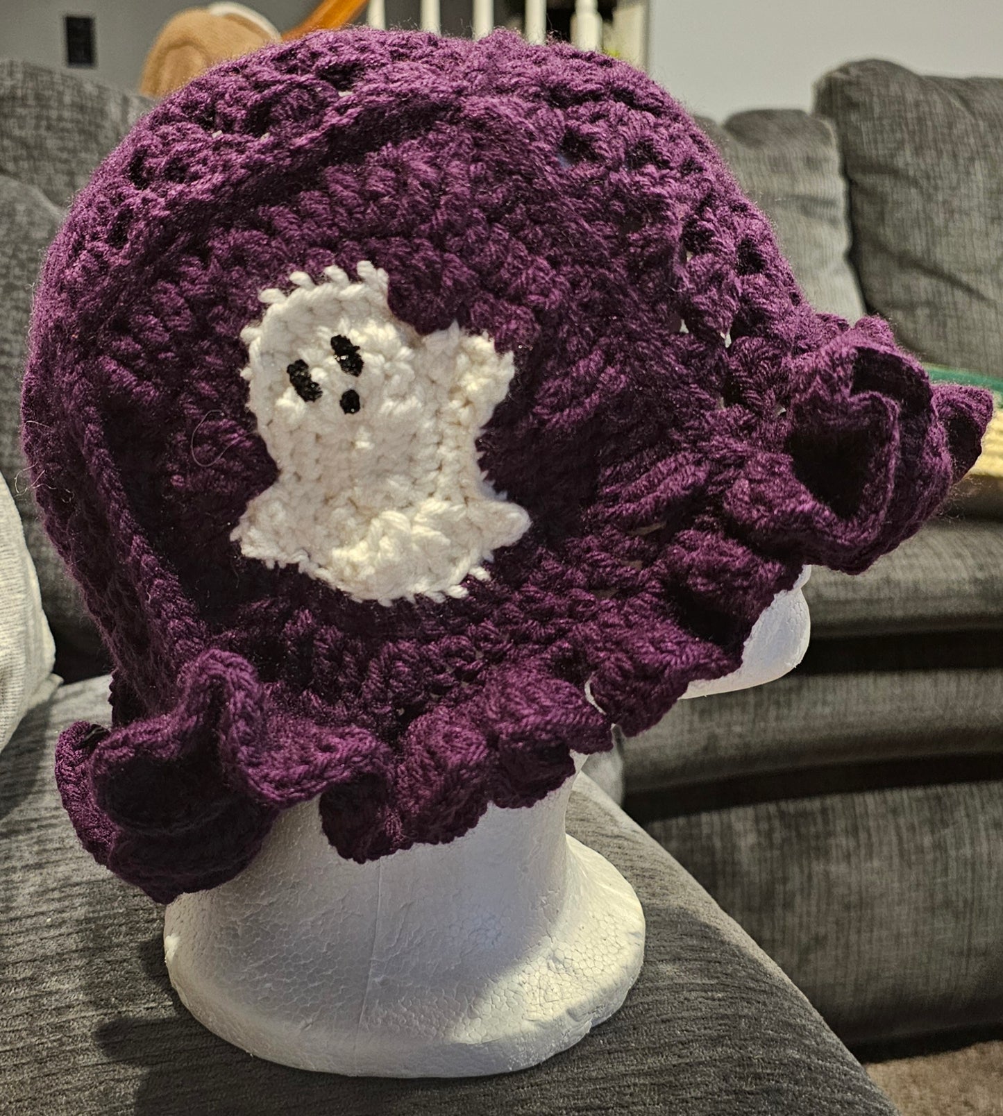 purple Halloween granny square ruffle hat