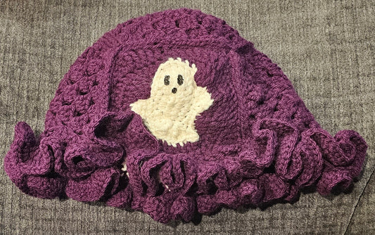 purple Halloween granny square ruffle hat