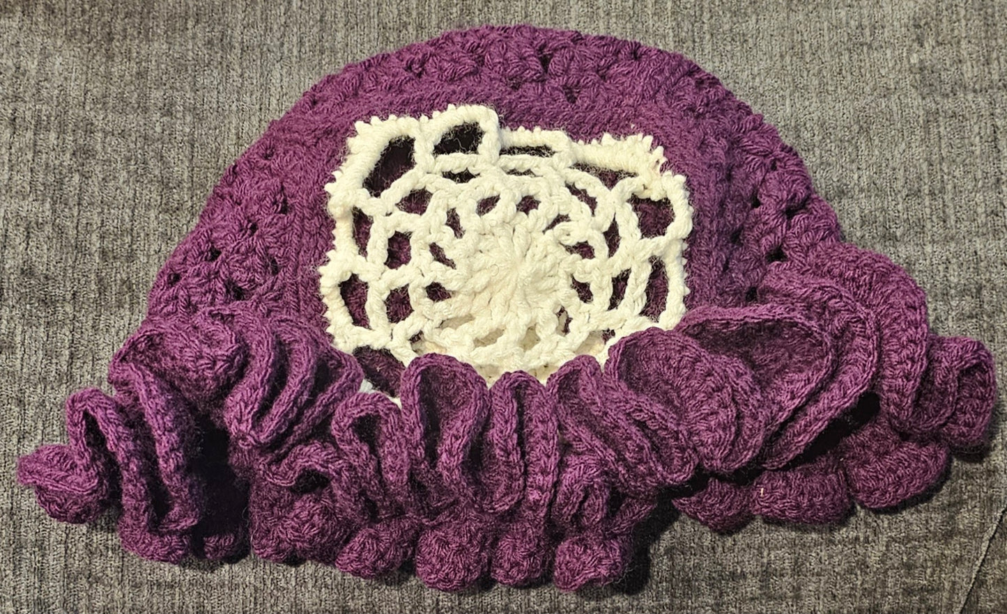 purple Halloween granny square ruffle hat