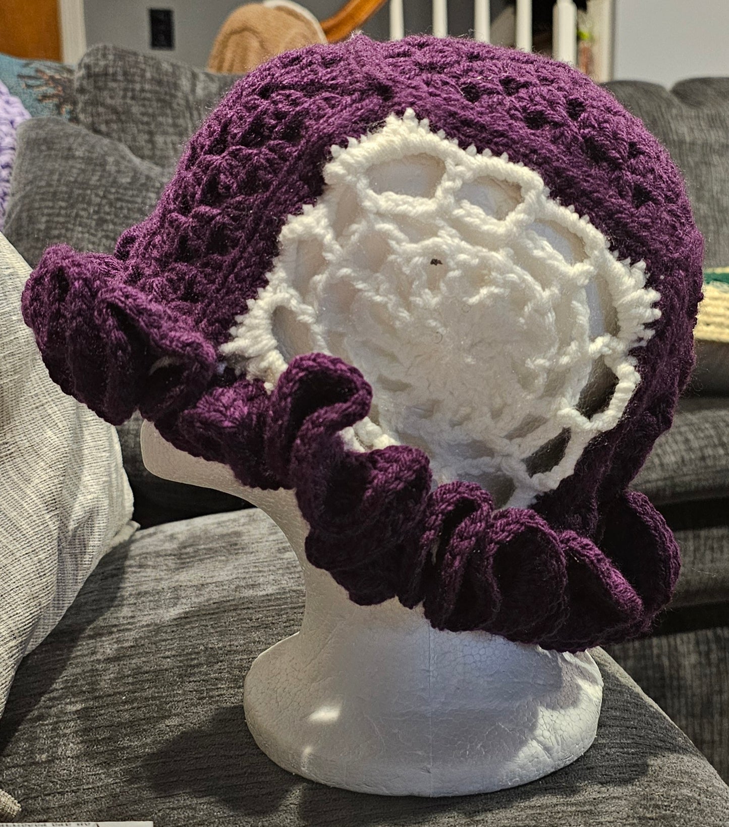 purple Halloween granny square ruffle hat