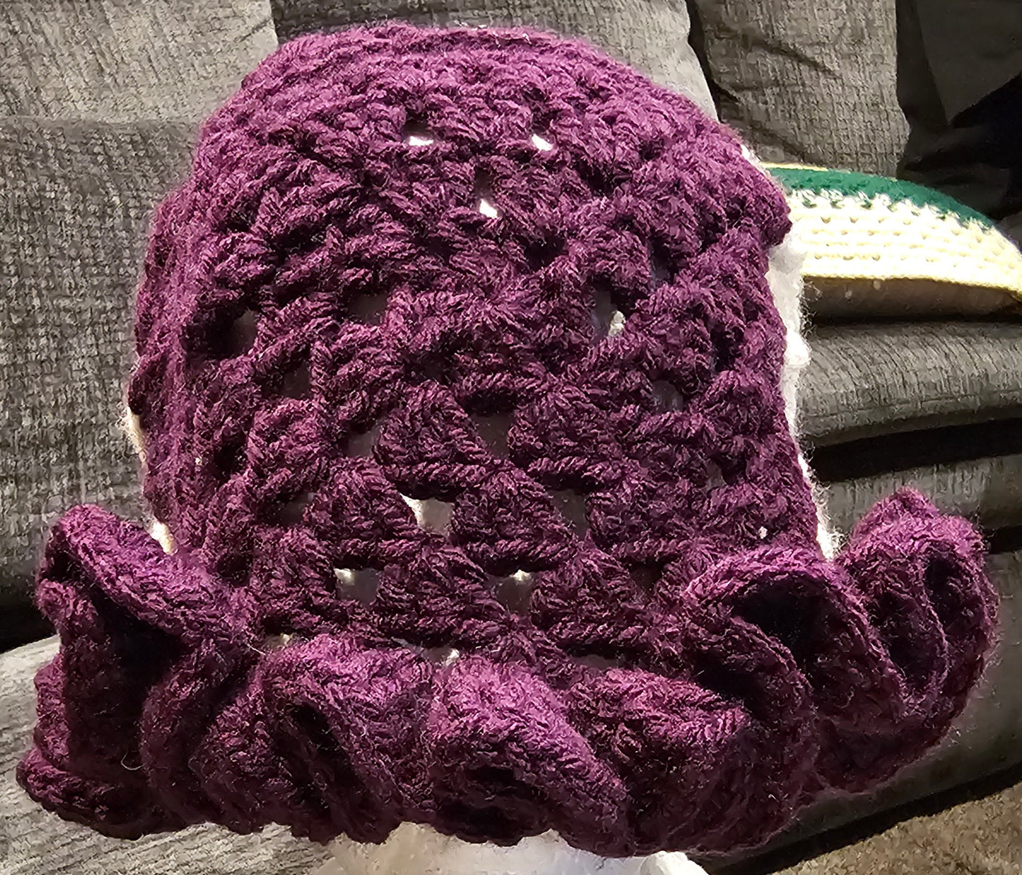 purple Halloween granny square ruffle hat